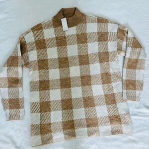 LOFT Camel and Cream Plaid Mock Neck Sweater